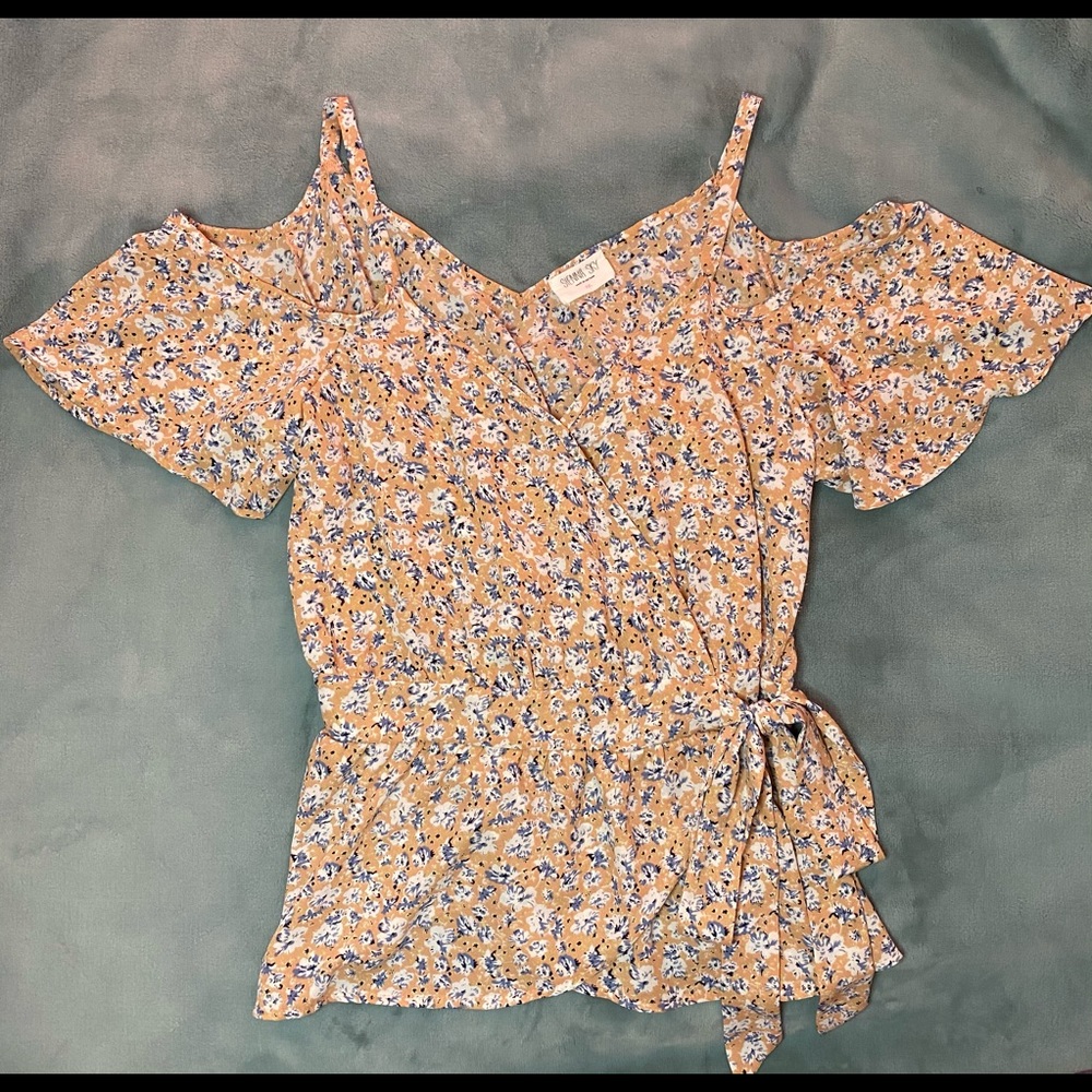 New light coral and blue open shoulder blouse.